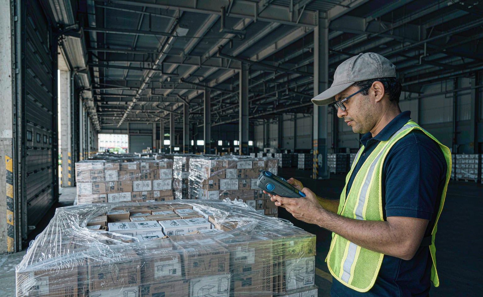 Warehouse supervisor checking a staged pallet against a handheld terminal at the loading dock