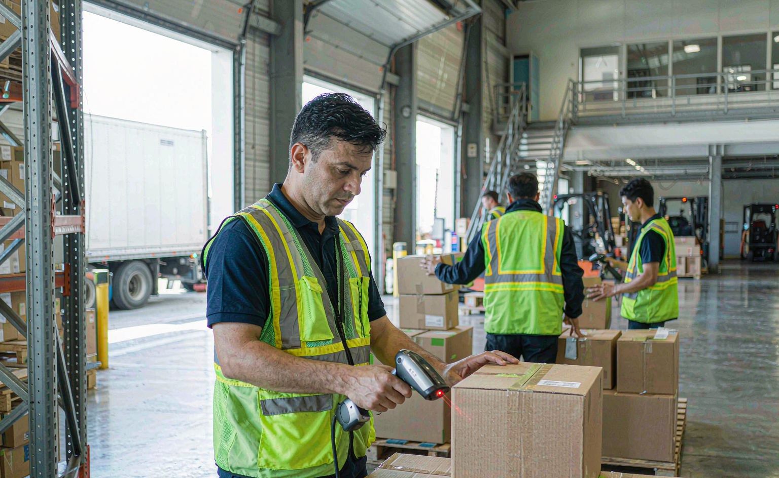 Warehouse associate scanning a barcode on a carton while pickers stage orders near the loading dock